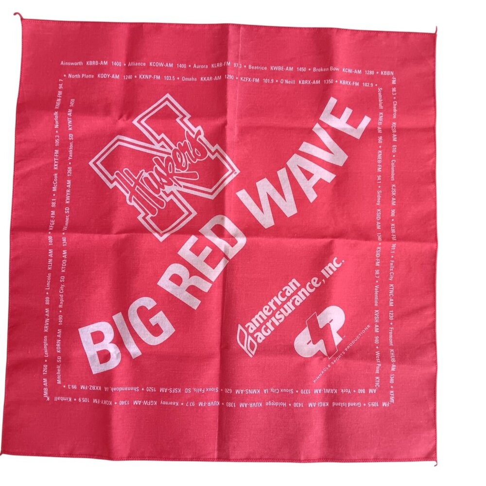 Big Red Huskers Handkerchief Wave Nebraska Bandana With Radio Stations 17x17"
